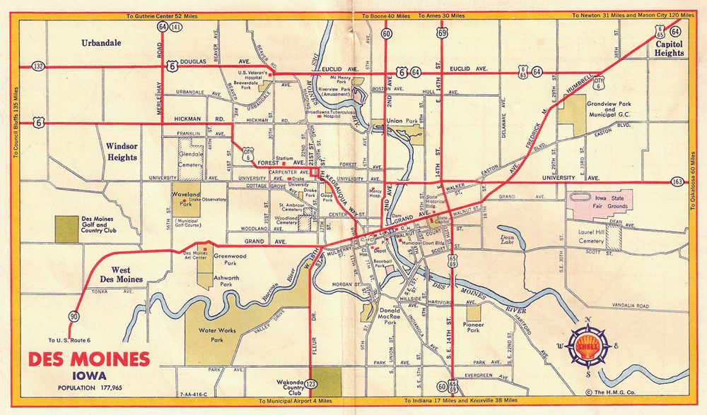 A 1950s Shell highway map of Iowa shows how Route 6 and City 6 navigated De...